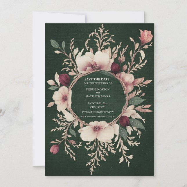 Photo Back Green and Cream Floral Save The Date (Front)