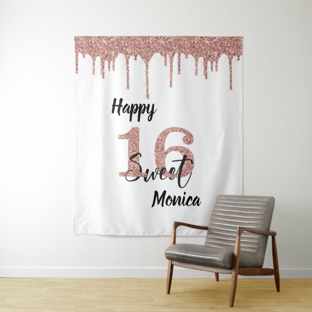 Photo Backdrop Booth Sweet 16 Sixteen Rose Gold Tapestry (In Situ)