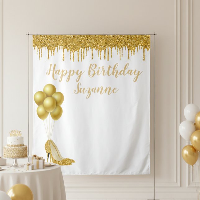Photo Backdrop Happy Birthday Party Gold Glitter Tapestry (Creator Uploaded)