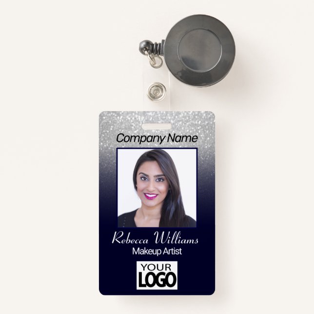 Photo Badge - Navy Blue with Faux Glitter ID Badge (Front with Retractable)