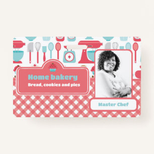 Photo Bakery Baking Utensils Pattern Red Gingham ID Badge