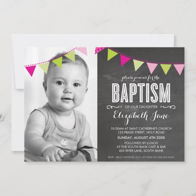 PHOTO BAPTISM bright bold bunting chalkboard Invitation (Front)