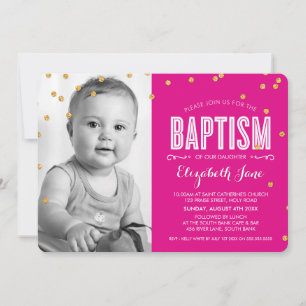 PHOTO BAPTISM cute gold glitter confetti hot pink Invitation