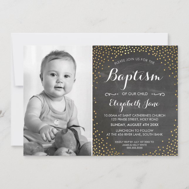 PHOTO BAPTISM cute mini gold confetti chalkboard Invitation (Front)