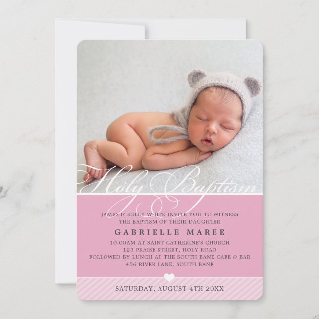 PHOTO BAPTISM fancy flourish calligraphy girl pink Invitation (Front)