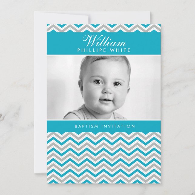 PHOTO BAPTISM INVITATION :: sweet chevron aqua (Front)