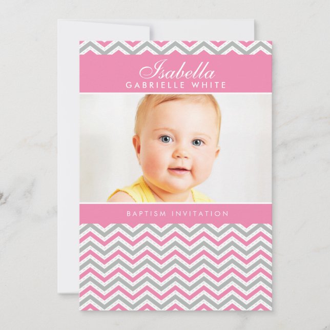 PHOTO BAPTISM INVITATION :: sweet chevron pink (Front)