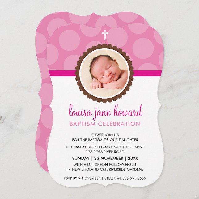 PHOTO BAPTISM INVITE cute polka dot pattern pink (Front/Back)