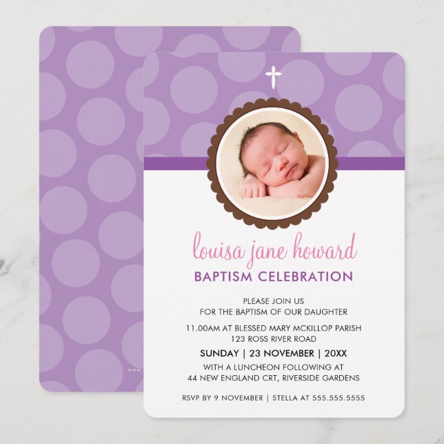 PHOTO BAPTISM INVITE cute polka dot pattern purple (Front/Back)