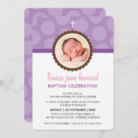 PHOTO BAPTISM INVITE cute polka dot pattern purple