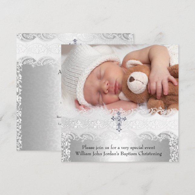 Photo Baptism Lace Cross Baby Boy Girl Silver Invitation (Front/Back)