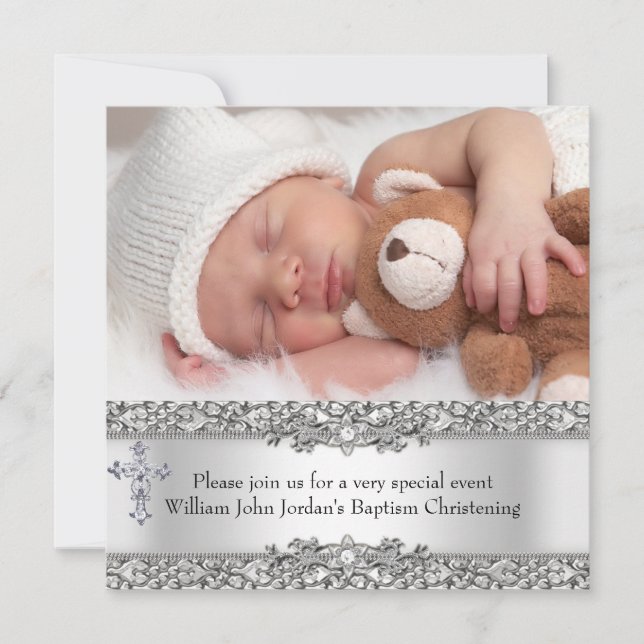 Photo Baptism Silver Lace Cross Baby Boy Girl Invitation (Front)