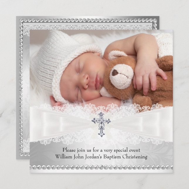 Photo Baptism White & Silver Cross Invitation (Front/Back)