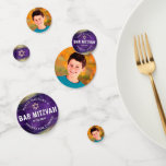 Photo Bar Mitzvah Purple Watercolor Gold Foil  Confetti<br><div class="desc">Add some extra style to your favourite Bar Mitzvah’s celebration party with this customisable table confetti! Metallic gold foil brush strokes and Star of David, along with bold, white typography, overlay a rich, dark purple ombre watercolor background on one side. Your Bar Mitzvah’s photo is on the other. Personalise the...</div>