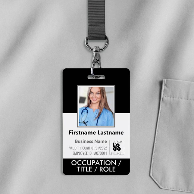 Photo, Barcode, Staff Name and Logo Black ID Badge (Creator Uploaded)
