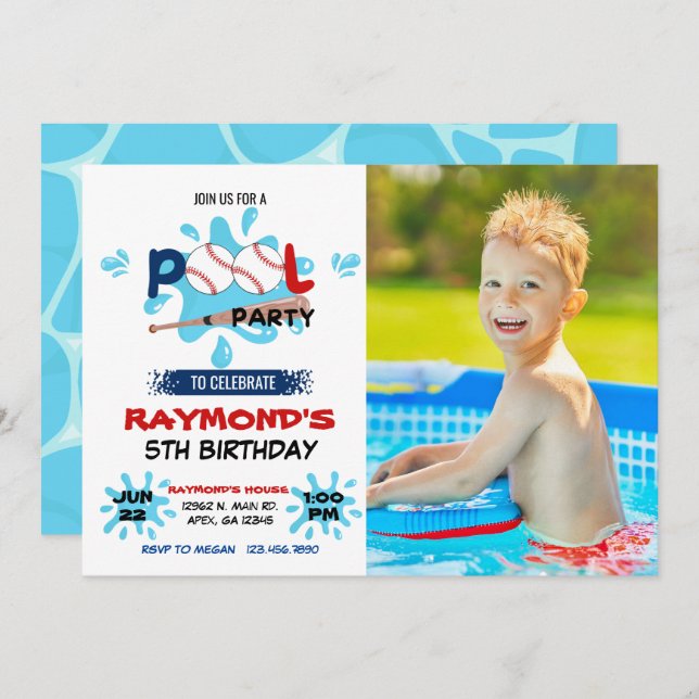 Photo Baseball Pool Party   Invitation (Front/Back)