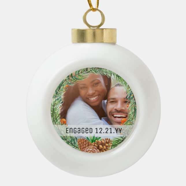 PHOTO BAUBLE - Fist Christmas Married or Engaged Ceramic Ball Christmas Ornament (Front)