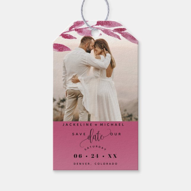 Photo, Berry coloured Leaves Wedding Save the Date Gift Tags (Front)