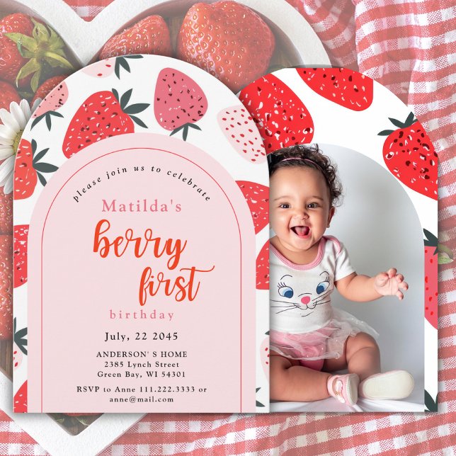 Photo Berry First Birthday 1st Strawberry Arch  Invitation (Creator Uploaded)