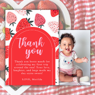 Photo Berry First Birthday  Strawberry Red Arch  Thank You Card