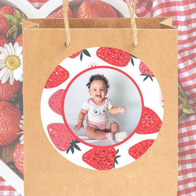 Photo Berry First Strawberry Birthday Party Classic Round Sticker (Creator Uploaded)