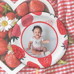 Photo Berry First Strawberry Birthday Party Paper Plate