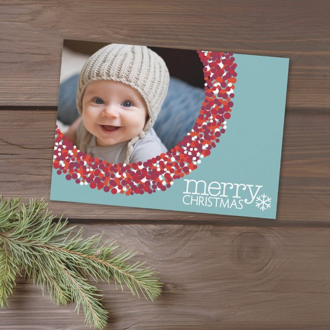 Photo - Berry Wreath red teal - circle border Holiday Card (1 Photo Christmas Card with a Whimsical Berry Wreath Border)