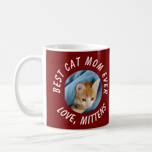 Photo Best Cat Mum Ever Custom Pet Name Burgundy Coffee Mug (Left)