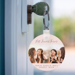 Photo best friends forever keepsake pink key ring<br><div class="desc">A gift for your best friend(s) for birthday favor,  Christmas or a special event. Gray text: Best Friends Forever,  written with a trendy hand lettered style script. Personalize and use your own photo and names. A chic girly blush pink,  rose gold colored background.</div>