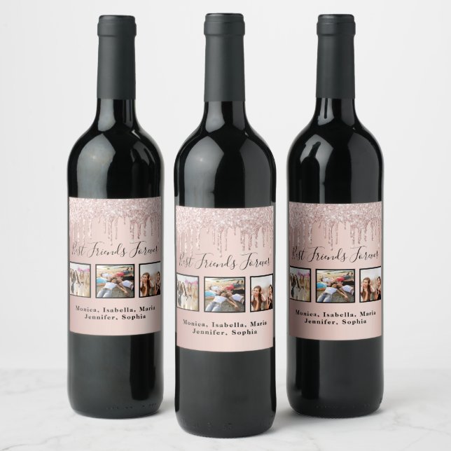 Photo best friends forever rose gold pink wine label (Bottles)