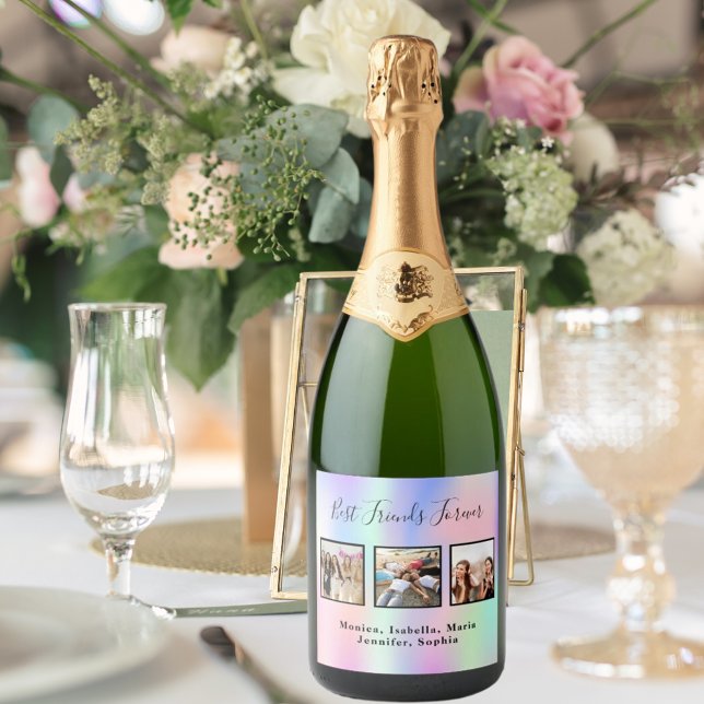 Photo best friends rainbow pink birthday party sparkling wine label (Creator Uploaded)