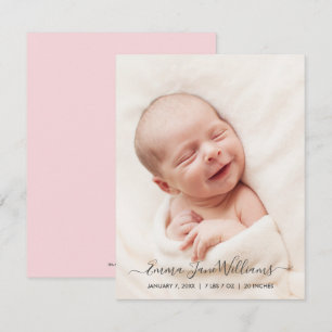 Photo Birth Announcement Card with Pink Back