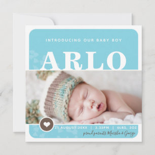 PHOTO BIRTH ANNOUNCEMENT heart spot blue botanic