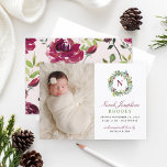 Photo Birth Announcement | Holiday Floral Wreath<br><div class="desc">This stylish photo birth announcement card introduces your sweet baby girl with a newborn photo adjacent to a floral watercolor wreath with custom burgundy / wine red monogram initial framed by stylish burgundy red, green, and dark grey text that can be personalised to feature your baby's name in script, along...</div>