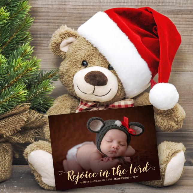 Photo Birth Announcement Religious Christmas Card (Religious Christmas card and birth announcement in warm gold and brown color palette.)
