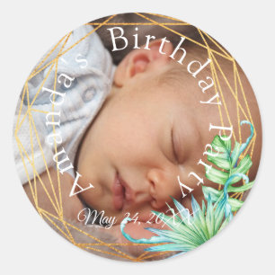 Photo Birthday Baby Shower Tropical Gold Classic Round Sticker