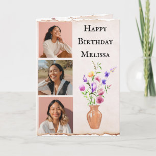 Photo Birthday Card with Watercolor Flowers