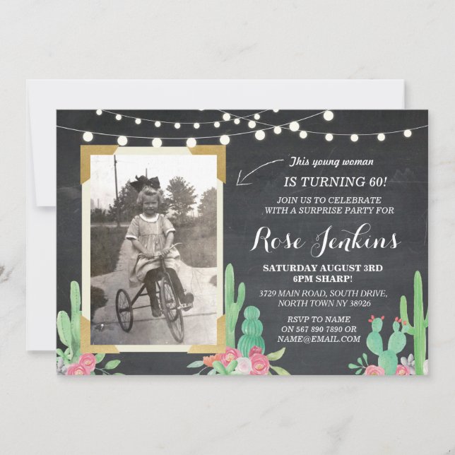 Photo Birthday Floral Cactus Wood Invitations (Front)