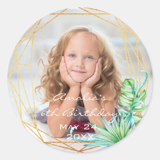 Photo Birthday Frame Tropical Gold Bridal Sweet 16 Classic Round Sticker (Front)