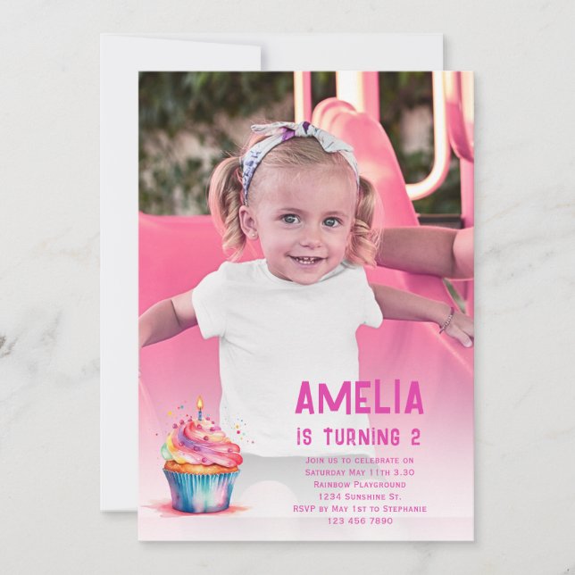 Photo Birthday Invite Girl Pink Cupcake Invitation (Front)