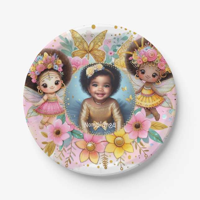 Photo Birthday Little Black Fairy African Pink Paper Plate (Front)