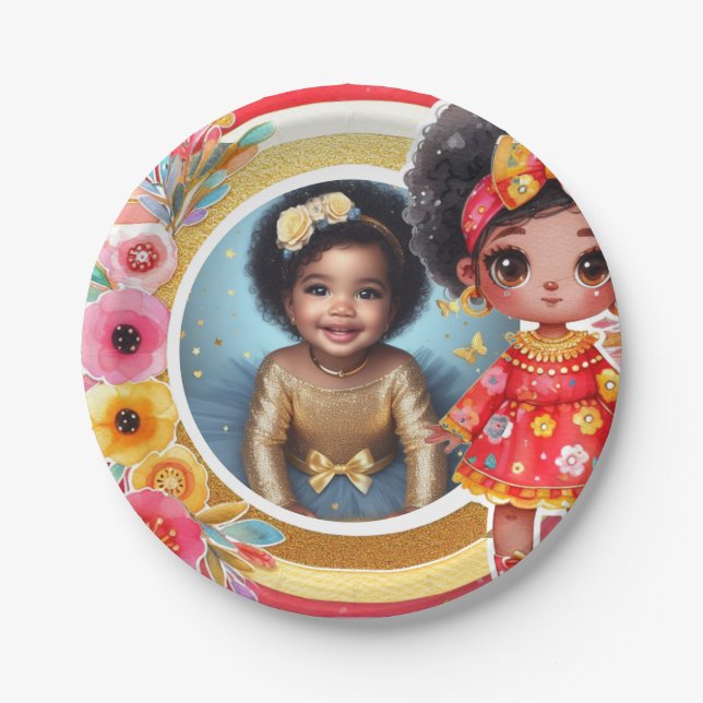 Photo Birthday Little Black Fairy Red Gold Paper Plate (Front)