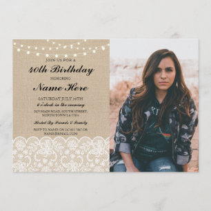 Photo Birthday Party 40th 50th Rustic Burlap Lace Invitation