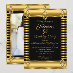 Photo Birthday Party Black Gold Deco Stripe Invitation
