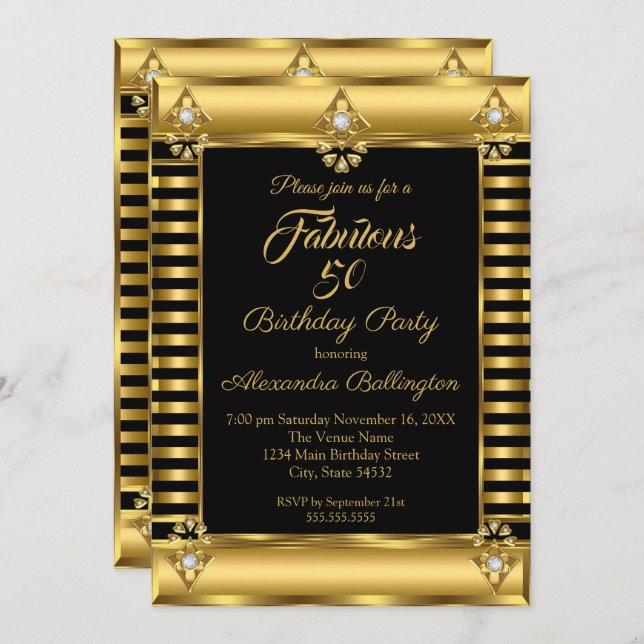 Photo Birthday Party Black Gold Deco Stripe Invitation (Front/Back)