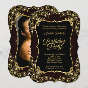 Photo Birthday party black Gold Pearls Invitation