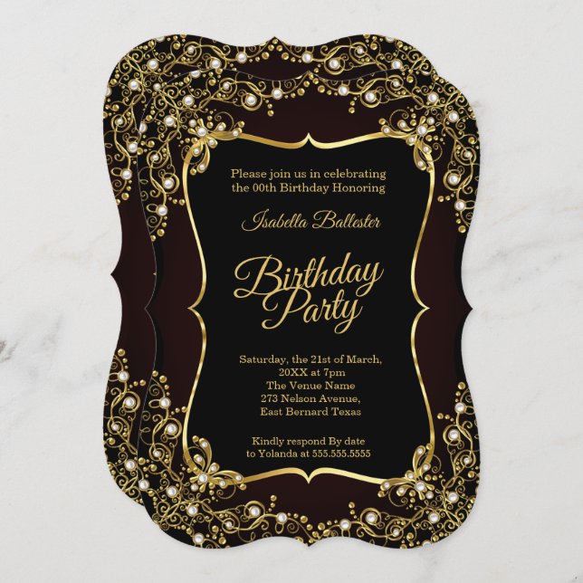 Photo Birthday party black Gold Pearls Invitation (Front/Back)