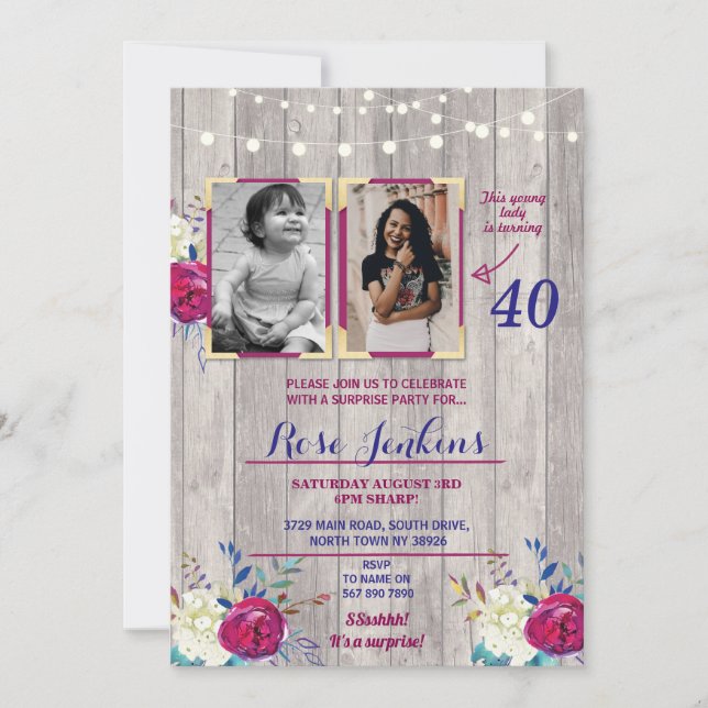 Photo Birthday Party Floral Purple Wood 2 Pictures Invitation (Front)