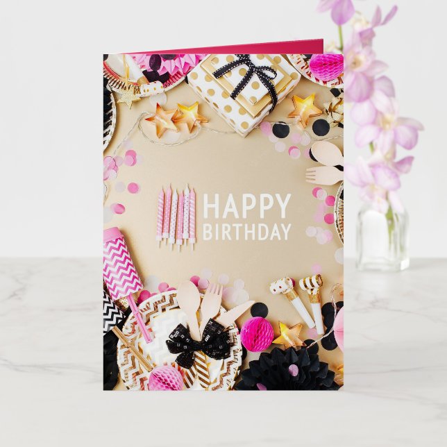 Photo birthday party gold black & pink foil card (Orchid)