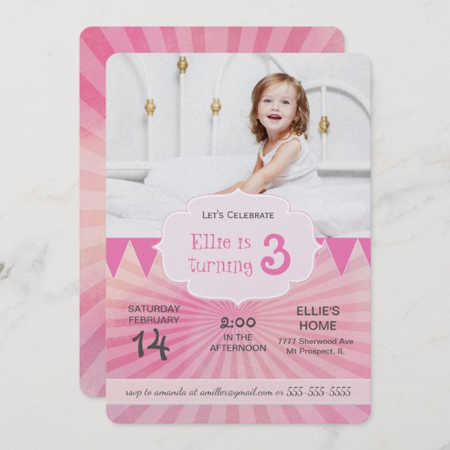 Photo Birthday Party Invitation | Carnival pink (Front/Back)